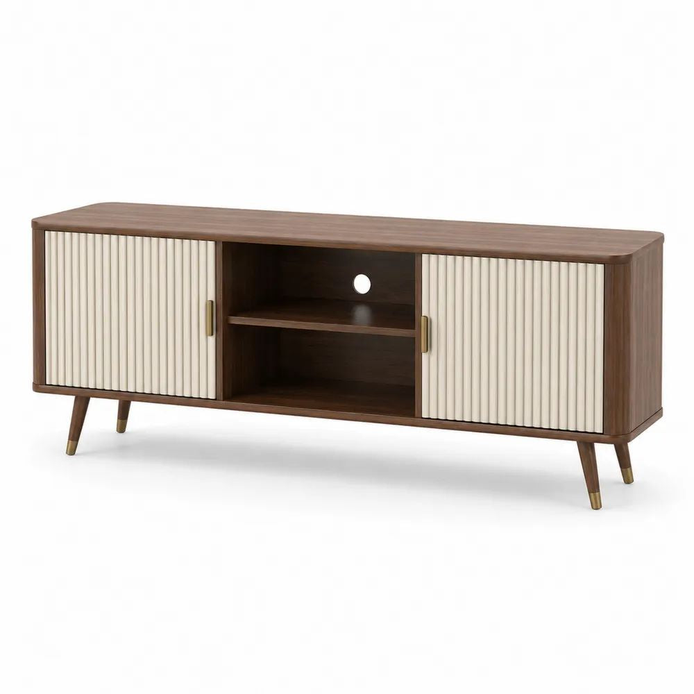 Meuble TV en bois avec 2 portes coulissantes et niches ouvertes, brun noyer et crème, 160 x 40 x 60 cm