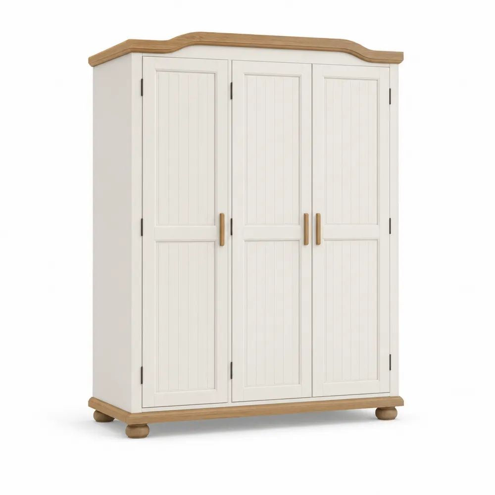 Armoire en bois à 3 portes, blanc cassé et bois naturel, 150 × 55 × 190 cm