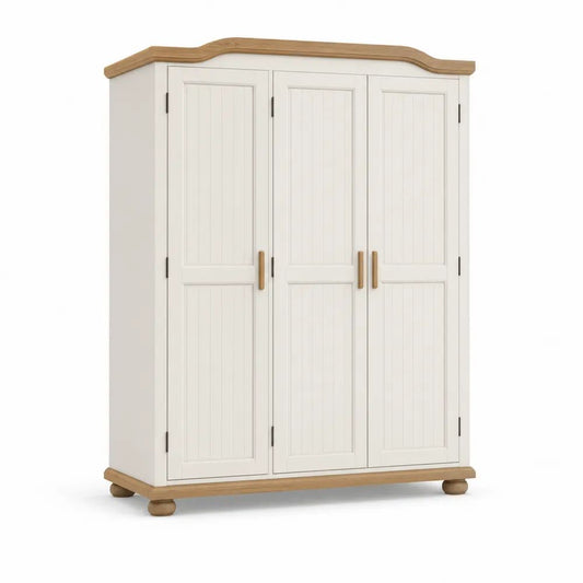 Armoire en bois à 3 portes, blanc cassé et bois naturel, 150 × 55 × 190 cm