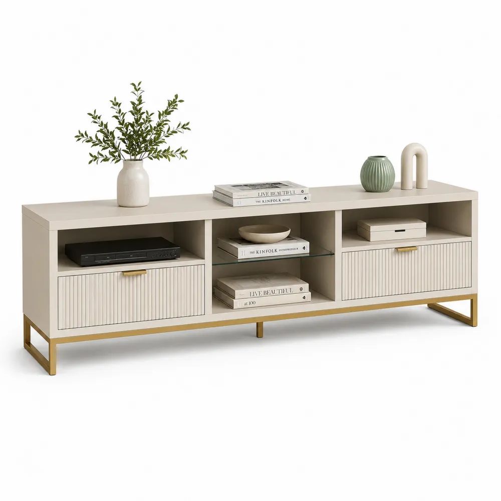 Meuble TV bas rectangulaire en MDF et acier avec 2 portes et étagère en verre, beige et doré, 180 × 40 × 65 cm