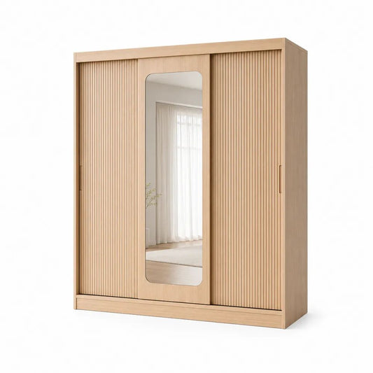 Armoire 3 portes coulissantes avec miroir, panneaux de particules et MDF mélaminés, chêne naturel, 180 × 60 × 200 cm