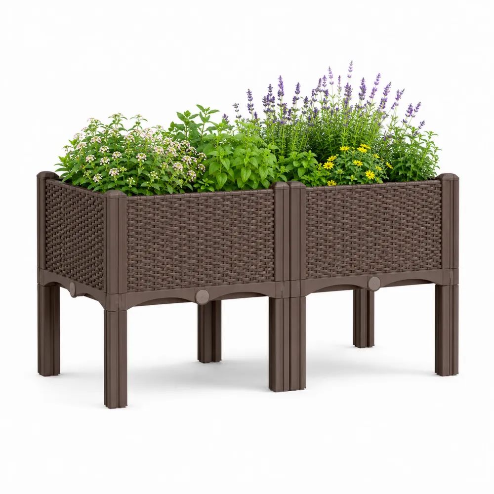 Jardinière surélevée rectangulaire double en polypropylène aspect rotin marron, 114 × 40 × 76 cm