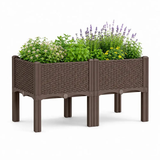 Jardinière surélevée rectangulaire double en polypropylène aspect rotin marron, 114 × 40 × 76 cm