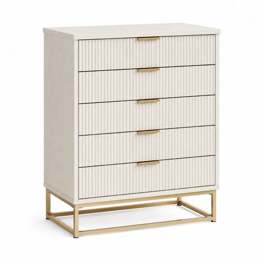 Commode à 5 tiroirs en MDF rainuré et acier, blanc cassé et doré, 80 × 40 × 100 cm