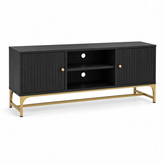 Meuble TV noir et doré 140 x 40 x 60 cm en MDF et acier avec 2 portes, 2 niches et passe-câbles