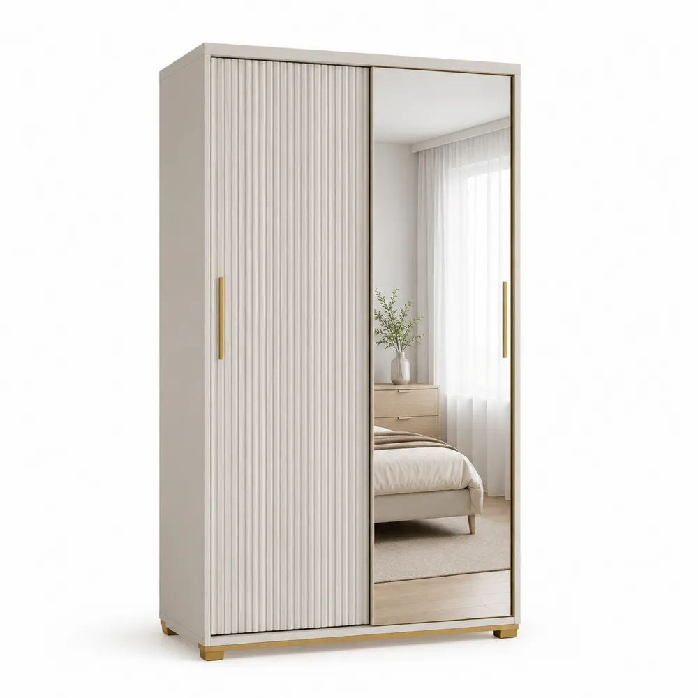 Armoire-penderie 2 portes coulissantes avec miroir, MDF rainuré et panneaux mélaminés, beige clair et doré, 100 × 52 × 200 cm
