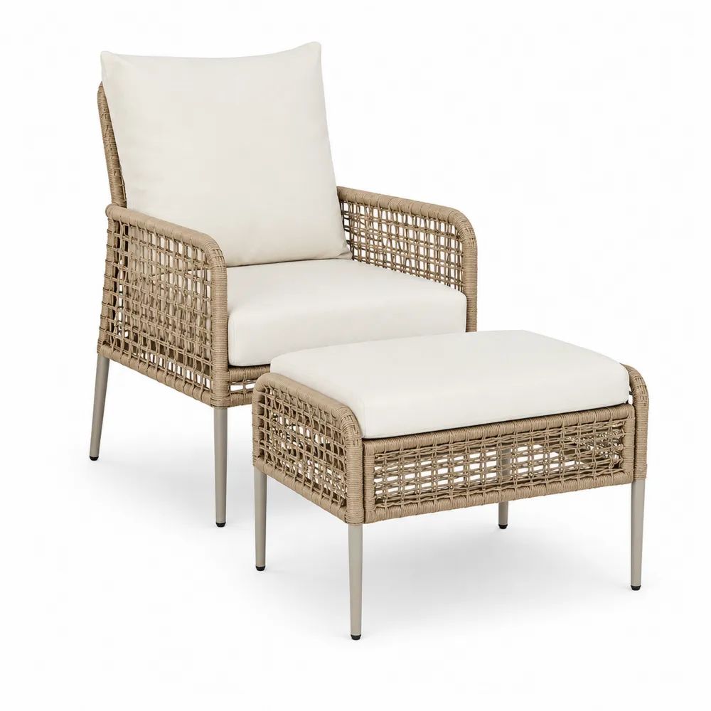 Ensemble de jardin 2 pièces en résine tressée et acier beige et crème, fauteuil 71 x 75 x 86 cm et repose-pieds 60 x 50 x 43 cm