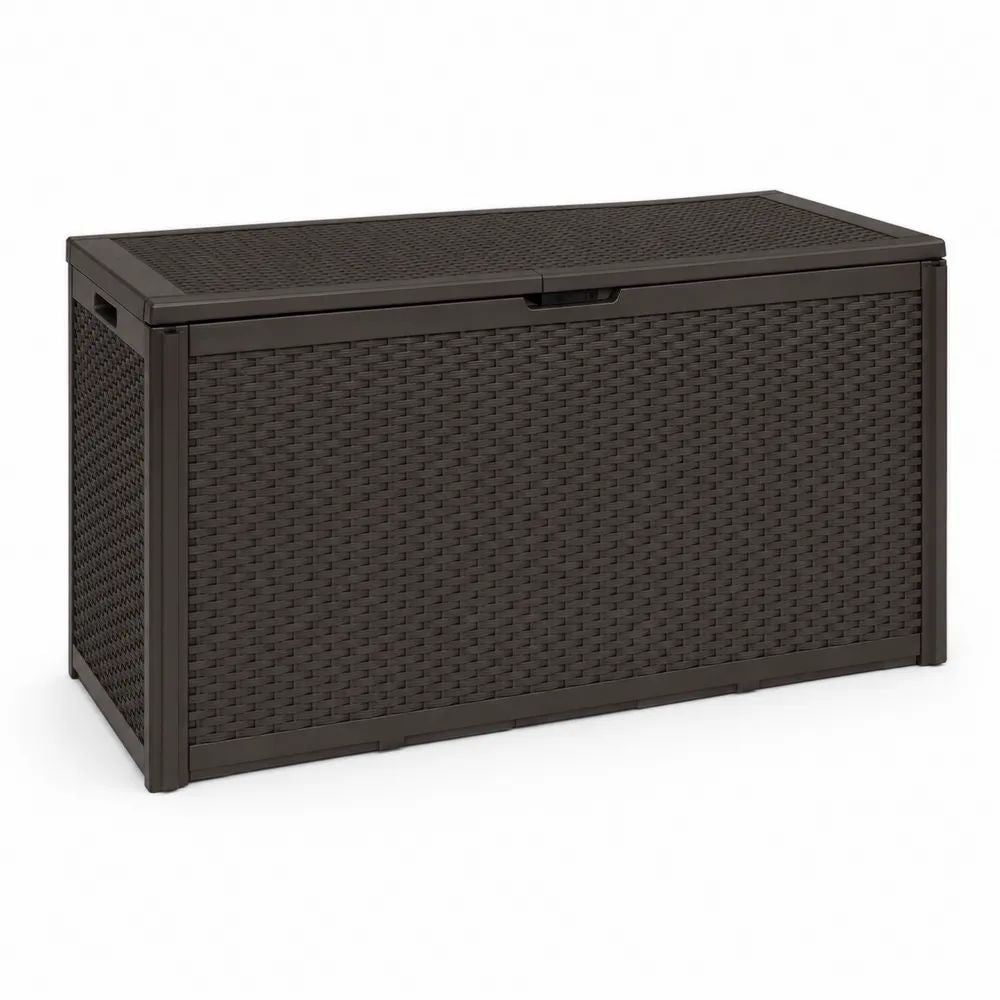 Coffre de jardin rectangulaire 270 L en polypropylène effet rotin marron foncé, 117 x 45 x 57 cm