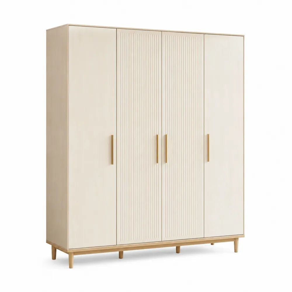 Armoire en bois à 4 portes rainurées, crème, bois naturel et doré, 160 × 55 × 190 cm