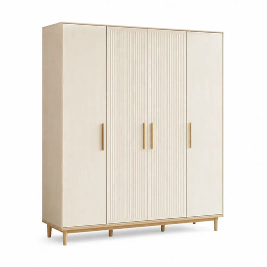 Armoire en bois à 4 portes rainurées, crème, bois naturel et doré, 160 × 55 × 190 cm