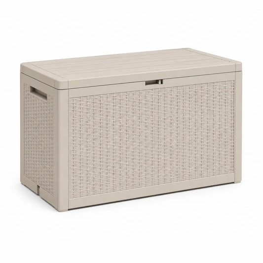 Coffre de rangement extérieur en polypropylène effet rotin beige, 270 L, 117 × 45 × 56 cm