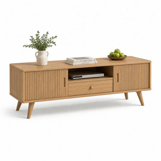 Meuble TV rectangulaire en bois avec rangements, portes coulissantes et pieds en bois massif, chêne naturel, 150 × 40 × 60 cm