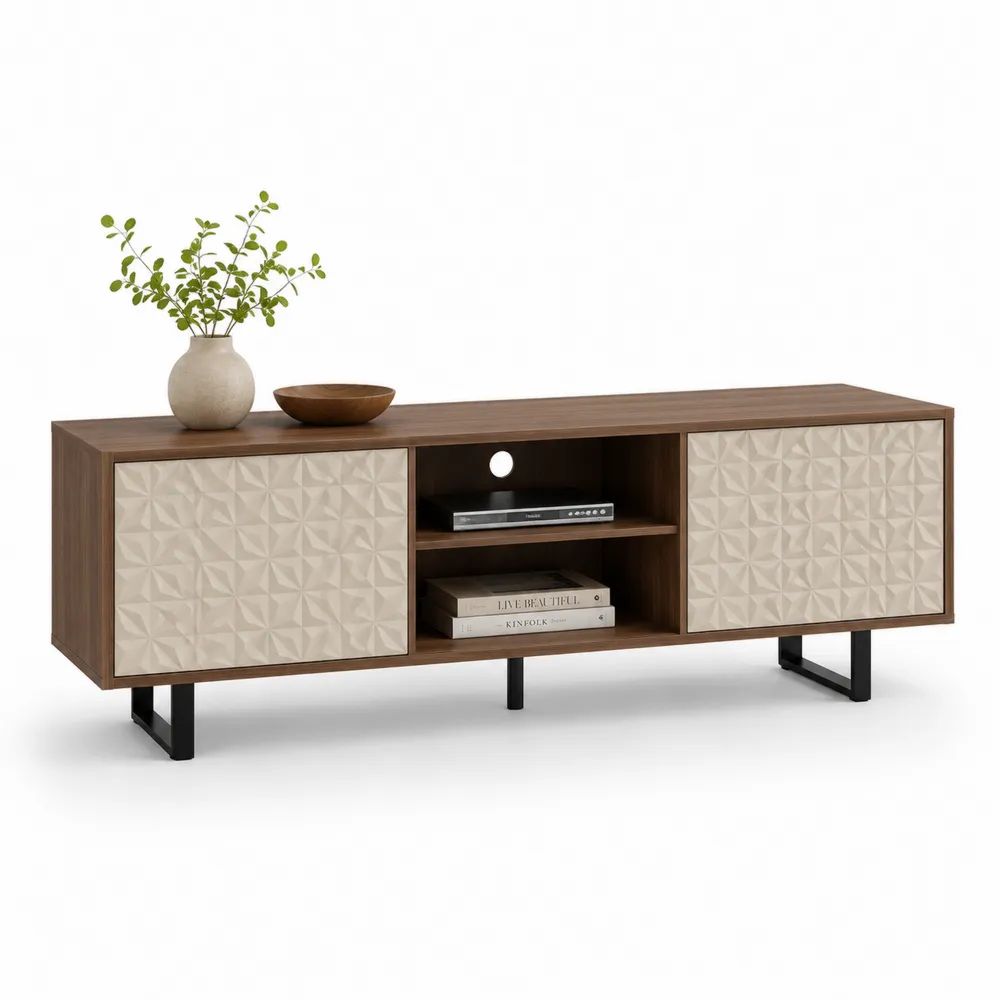 Meuble TV avec 2 portes et étagères en bois et métal, marron noyer, beige et noir, 160 × 40 × 60 cm