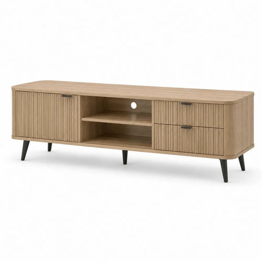 Meuble TV rectangulaire en panneaux de particules, décor chêne naturel et noir, 160 × 40 × 60 cm
