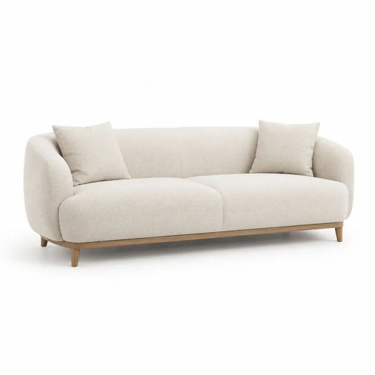 Canapé 3 places en tissu bouclé écru, forme arrondie, 220 × 95 × 78 cm