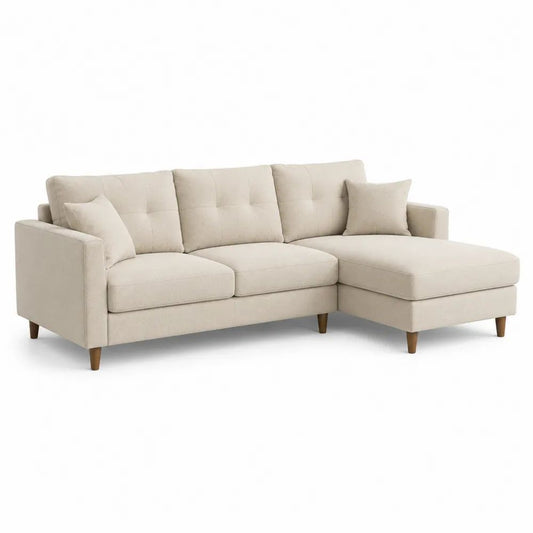 Canapé d’angle 3 places en tissu beige avec méridienne droite et pieds en bois, 220 × 145 × 86 cm