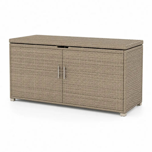 Coffre de rangement de jardin en résine tressée PE et acier, 120 × 60 × 96 cm, taupe et argenté