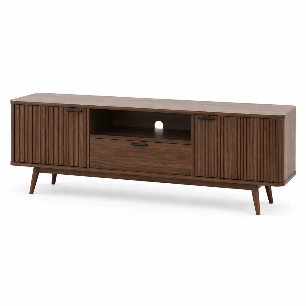 Meuble TV rectangulaire avec rangements en MDF plaqué noyer, brun noyer et noir, 160 x 40 x 60 cm