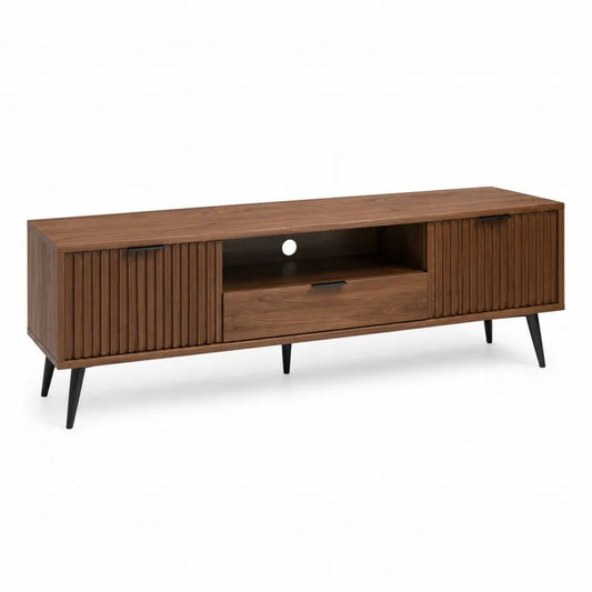 Meuble TV bas en MDF et métal avec 2 portes rainurées, 1 tiroir, niche et passe-câbles, marron noyer et noir, 160 x 40 x 60 cm