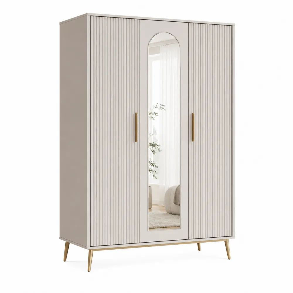 Armoire penderie rectangulaire 3 portes avec miroir en MDF grège et métal doré, 120 x 52 x 190 cm
