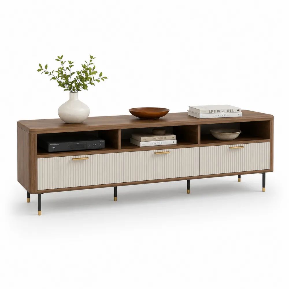 Meuble TV bas rectangulaire en bois et métal, 3 tiroirs et 3 niches, brun noyer et blanc cassé, 180 × 40 × 65 cm