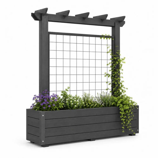 Jardinière rectangulaire d’extérieur avec treillis en bois et métal anthracite/noir, 180 × 50 × 180 cm
