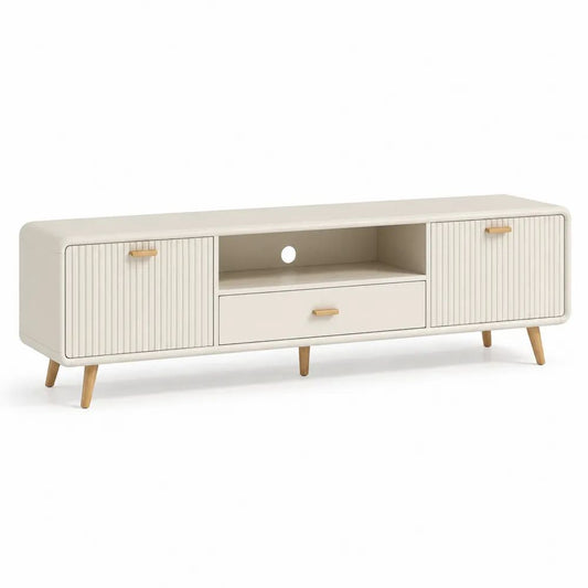 Meuble TV bas en MDF et hévéa massif, blanc cassé et bois naturel, 180 × 40 × 55 cm