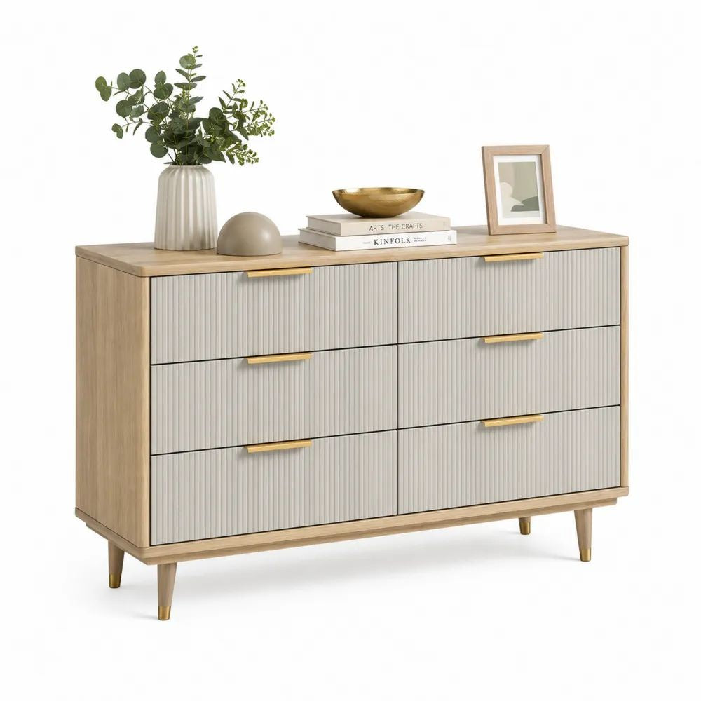 Commode basse rectangulaire en bois et MDF rainuré, 6 tiroirs, chêne naturel, gris clair et doré, 120 × 40 × 80 cm