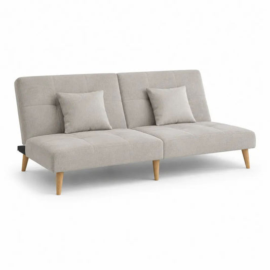 Canapé convertible clic-clac 3 places en polyester beige clair avec 2 coussins, 180 × 85 × 80 cm