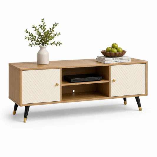 Meuble TV rectangulaire avec rangement, 2 portes en panneaux de particules et MDF, chêne naturel et blanc, pieds noirs et dorés, 140 x 40 x 65 cm