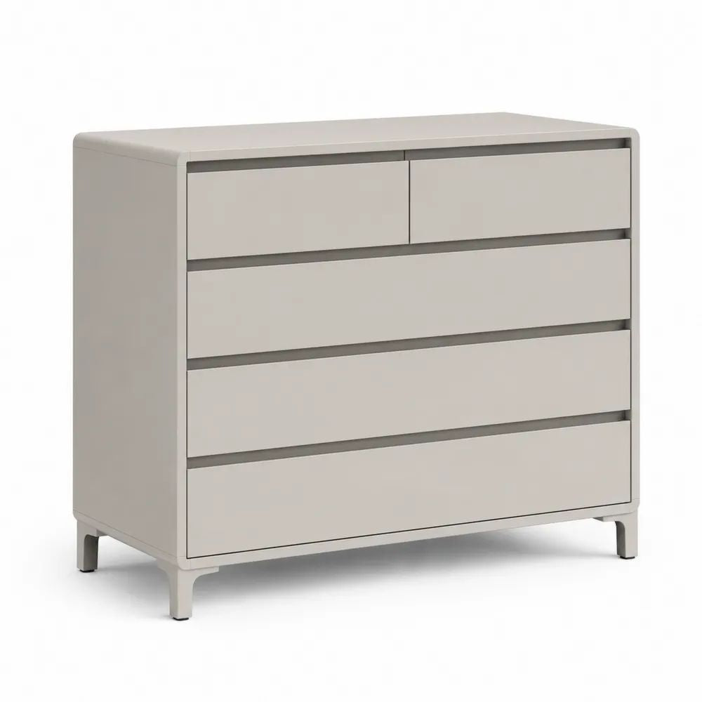 Commode rectangulaire à 5 tiroirs en MDF et acier beige grège, 100 × 45 × 90 cm