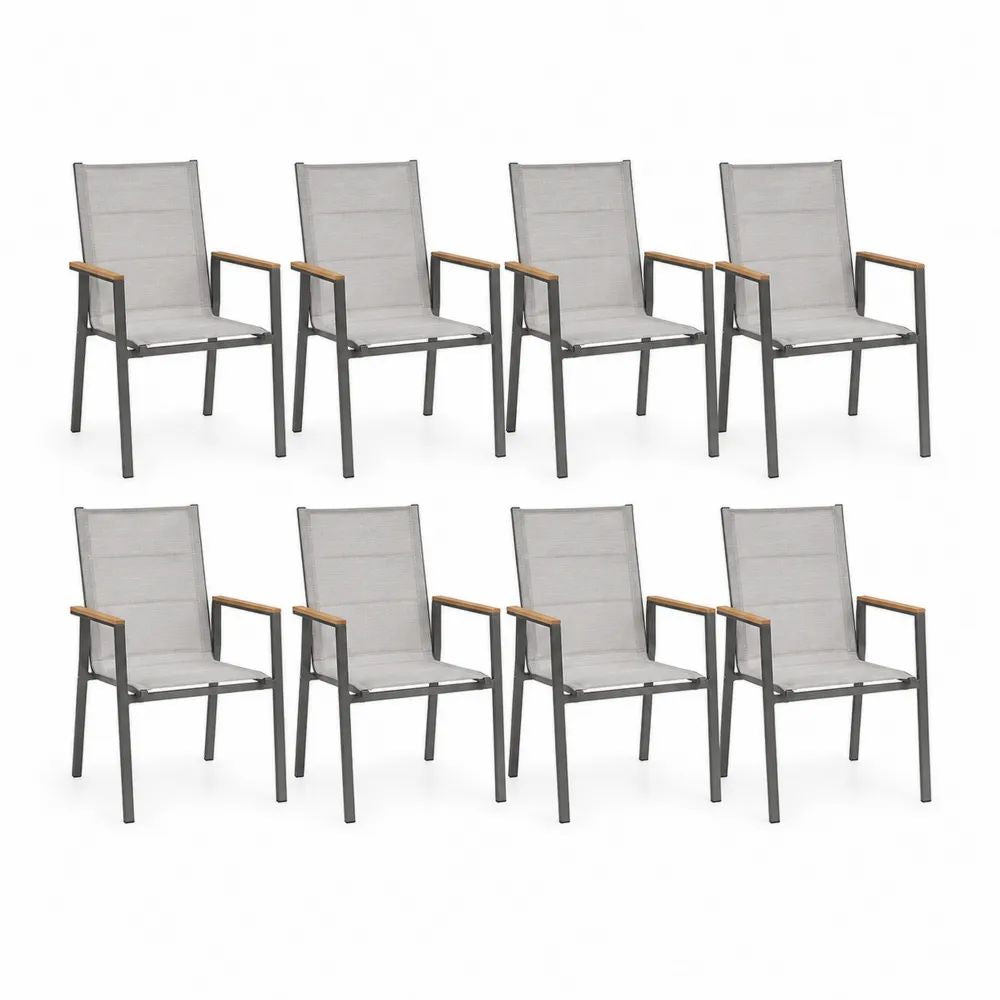 Lot de 8 chaises de jardin avec accoudoirs en acier, textilène gris et bois, 55 × 65 × 89 cm chacune