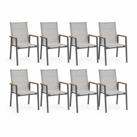 Lot de 8 chaises de jardin avec accoudoirs en acier, textilène gris et bois, 55 × 65 × 89 cm chacune