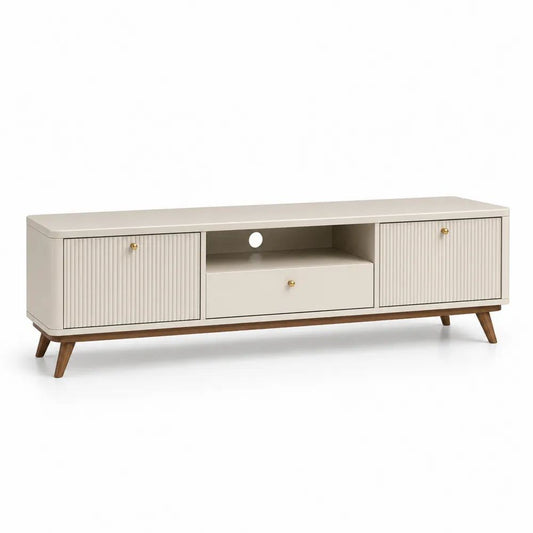 Meuble TV rectangulaire en MDF beige 180 × 40 × 60 cm avec 2 portes, 1 tiroir et 1 niche