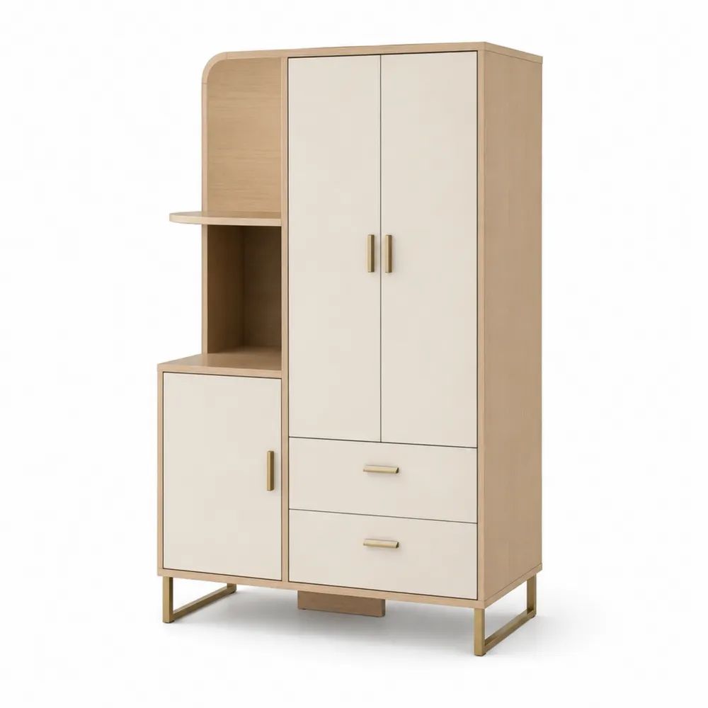 Armoire-dressing avec bureau intégré, 3 portes et 2 tiroirs en panneaux de particules mélaminés, chêne clair et blanc cassé, 120 × 50 × 180 cm