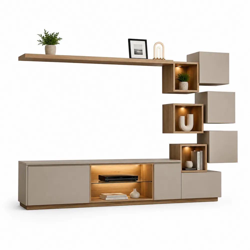 Ensemble meuble TV mural 8 éléments avec éclairage LED, panneaux de particules mélaminés, taupe et chêne, 300 × 40 × 200 cm