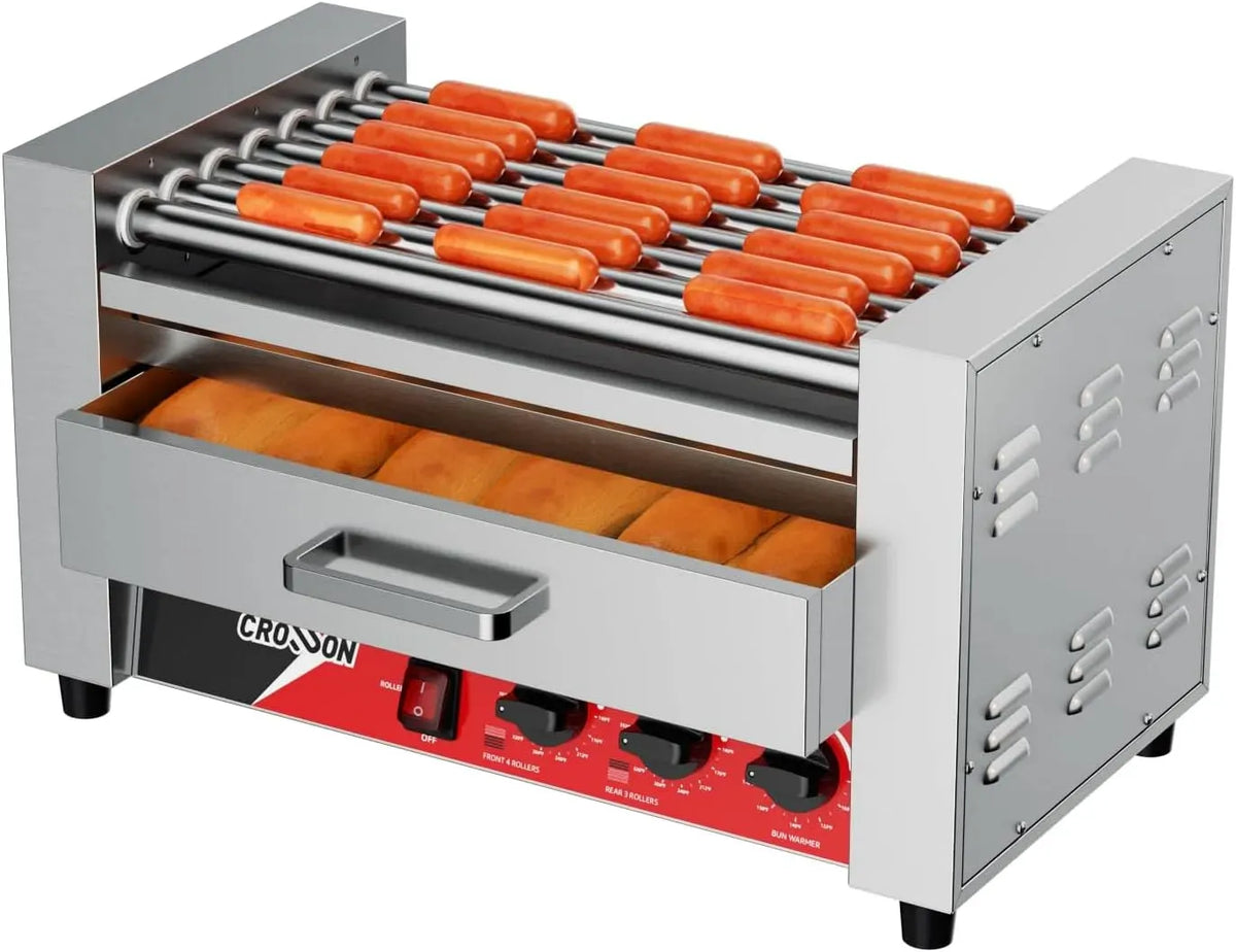 IN 1 Machine à Hot, 1350 W, professionnel, 2 zones de température, acier inoxydable, fonction chauffante, pour 18 saucisses, CROSSON