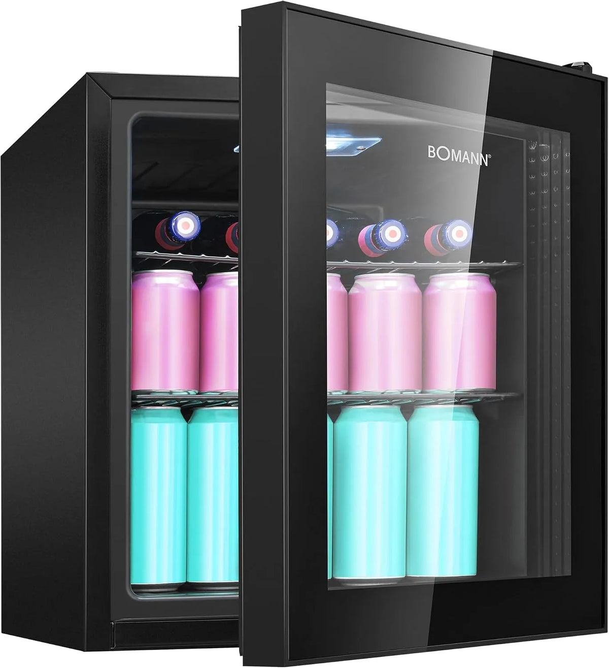 Bomann Réfrigérateur, 46 L, éclairage LED, noir, 2 étagères câblées, contrôle +3 à +18 °C, porte double vitrage, pieds réglables