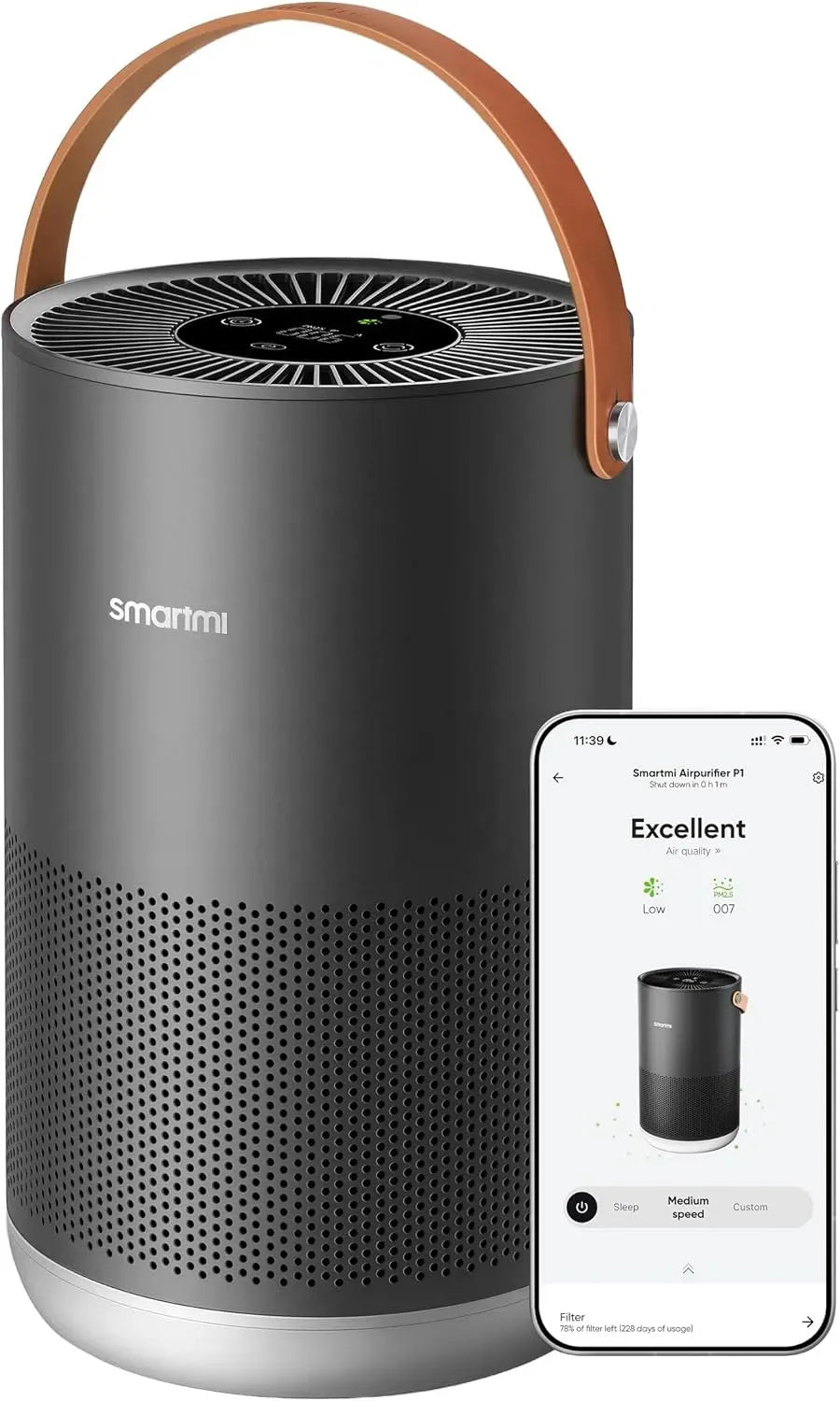 Purificateur d'air HEPA13, 250 m³/h, 19 dB, portable, noir