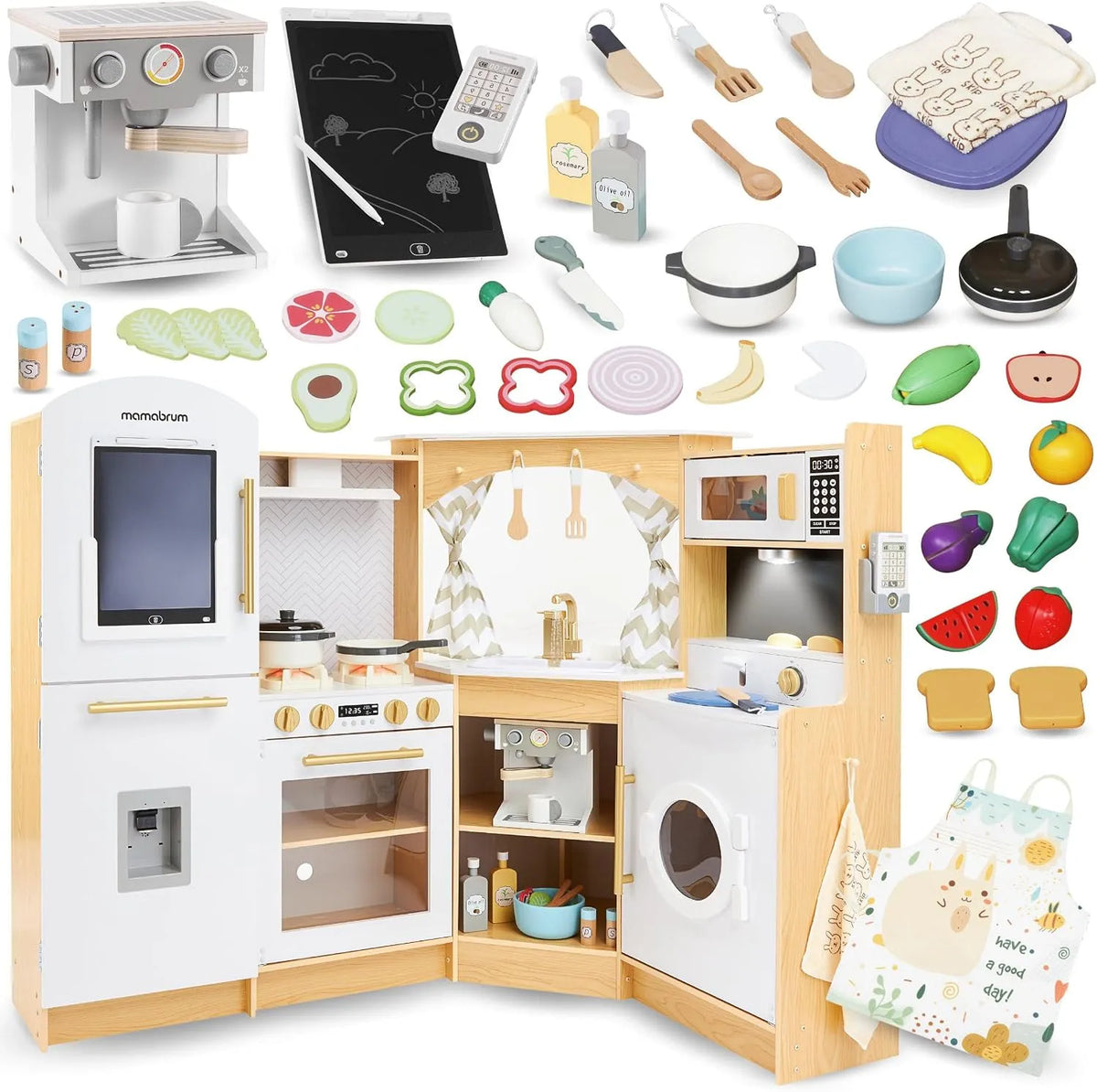 Cuisinière avec four, éclairage LED, Mamabrum Cuisine en Bois pour Enfants 3+, Jusqu'à 50 Pièces, Cuisinière à Jouets Interactive xxxL avec Éclairage