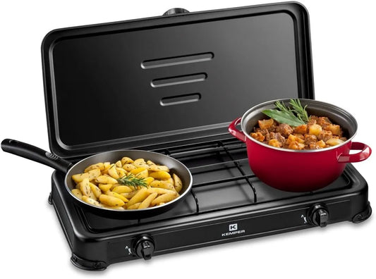 Plaque de cuisson, 2 foyers, 2600 W, portable, noir, KEMPER, KEMPER - Réchaud gaz portable 2 feux 2600W Noir Couvercle Plaque de cuisson