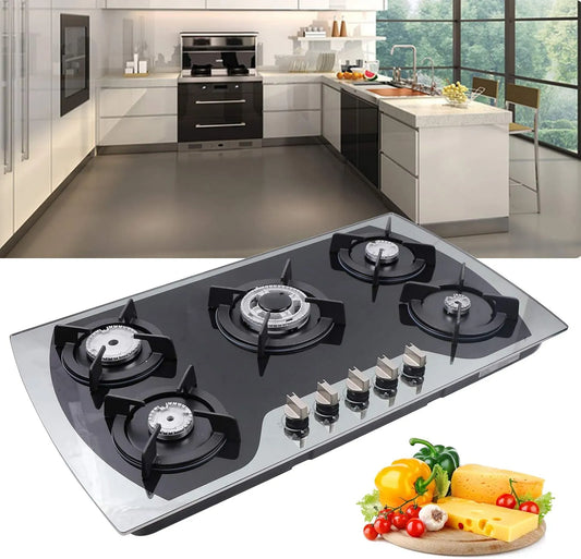 Plaque de cuisson à gaz, 5 foyers, encastrable, table de cuisson à gaz, à 5 feux, en verre trempé, réchaud à gaz GPG/NG, allumage à batterie