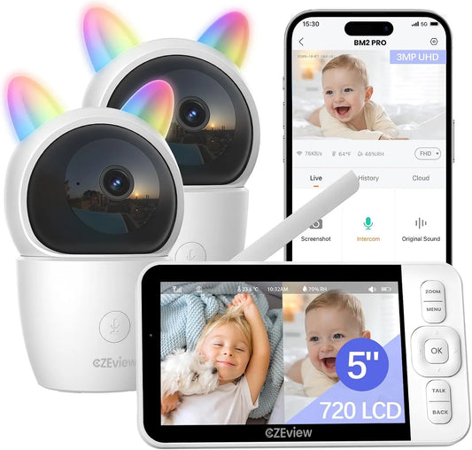 Moniteur PTZ 360, CZEview 2K Babyphone 2 Caméra Bébé, Détection AI & Alertes Intelligentes