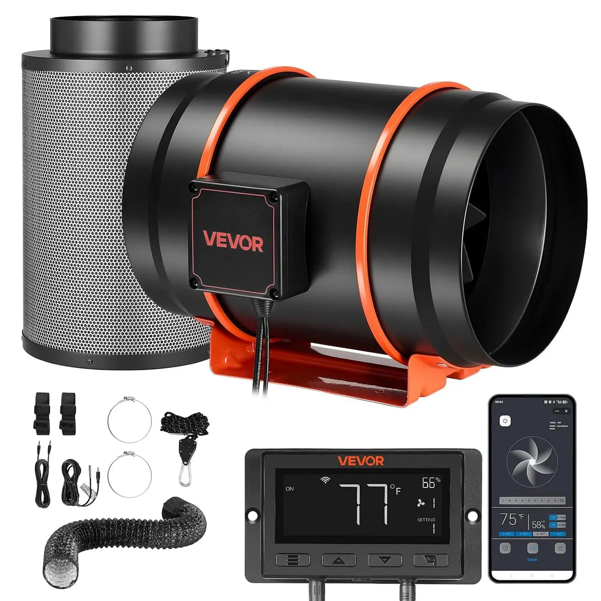 VEVOR EC 203 Ventilateur, 1372 m³/h, minuteur, application, Kit extracteur d'air en ligne 1372 m³/h, 10 niveaux de vitesse