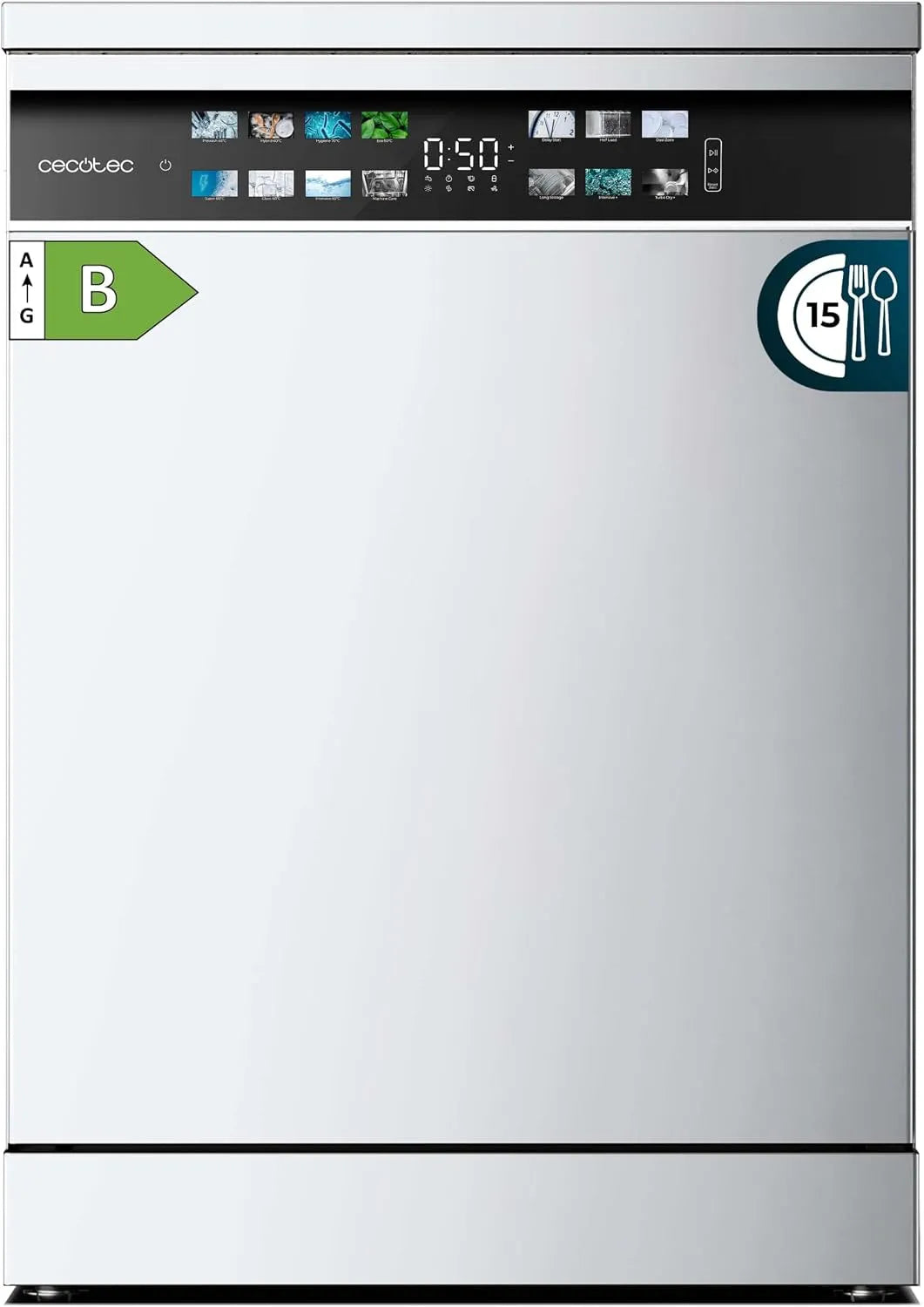 Cecotec Bolero Aguazero 6700 Lave-vaisselle, 60cm, classe énergétique B, Inverter, blanc, 15 couverts, O2 Dry, Lavage Double Zone, Plateau Ajustable