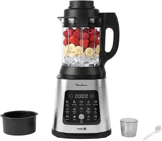 Moulinex Blender, 2 L, 1400 W, 10 programmes, vapeur, acier inoxydable, Panier vapeur inclus, Appareil a smoothies et soupes, Bol verre 2L