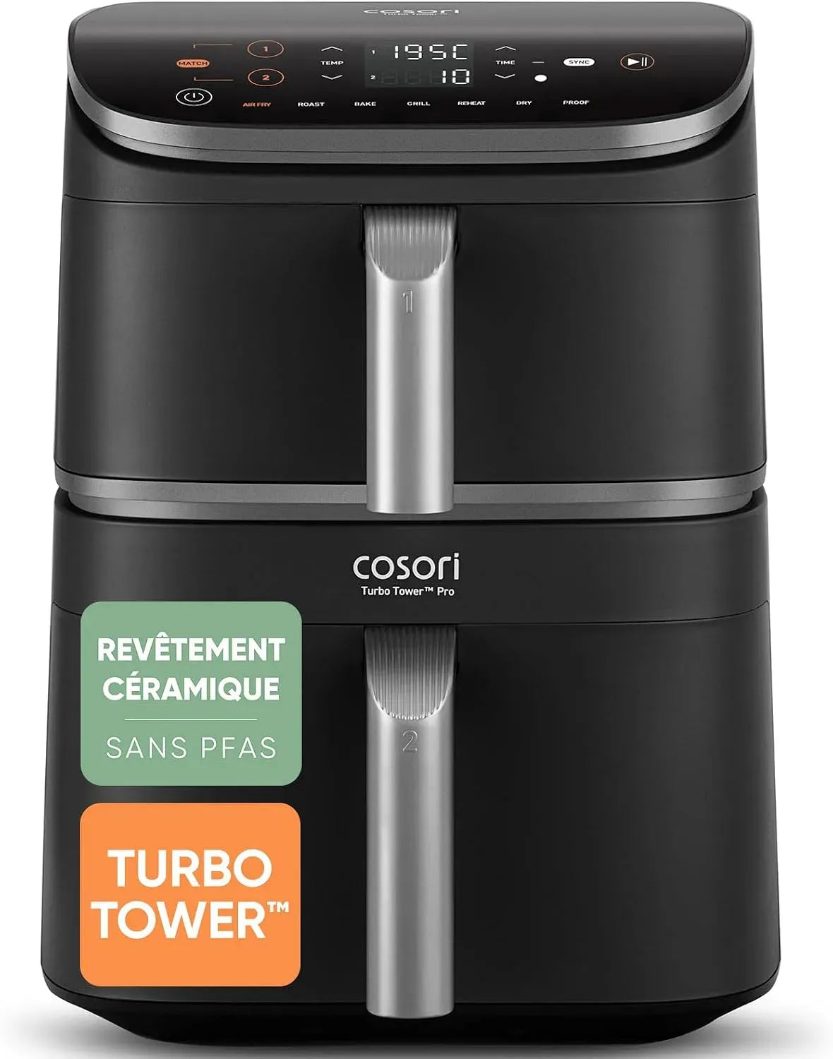 Friteuse à air chaud, 10.8 L, 7 programmes, Cosori, 3 niveaux, Turbo Tower Pro Revêtement Céramique sans PFAS, 68% d'Économie d'Énergie