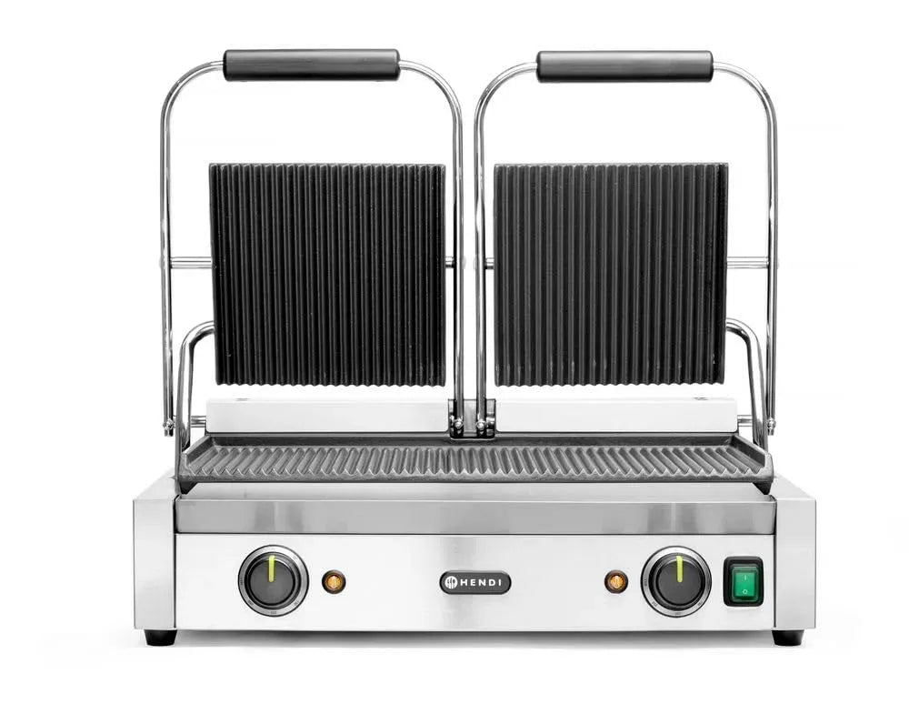 Gril de Contact Électrique Double, Plaques Rainurées en Fonte Émaillée, pour Plaque Panini Professionnel, 230V, 3600W, 570x375x, Acier Inoxydable
