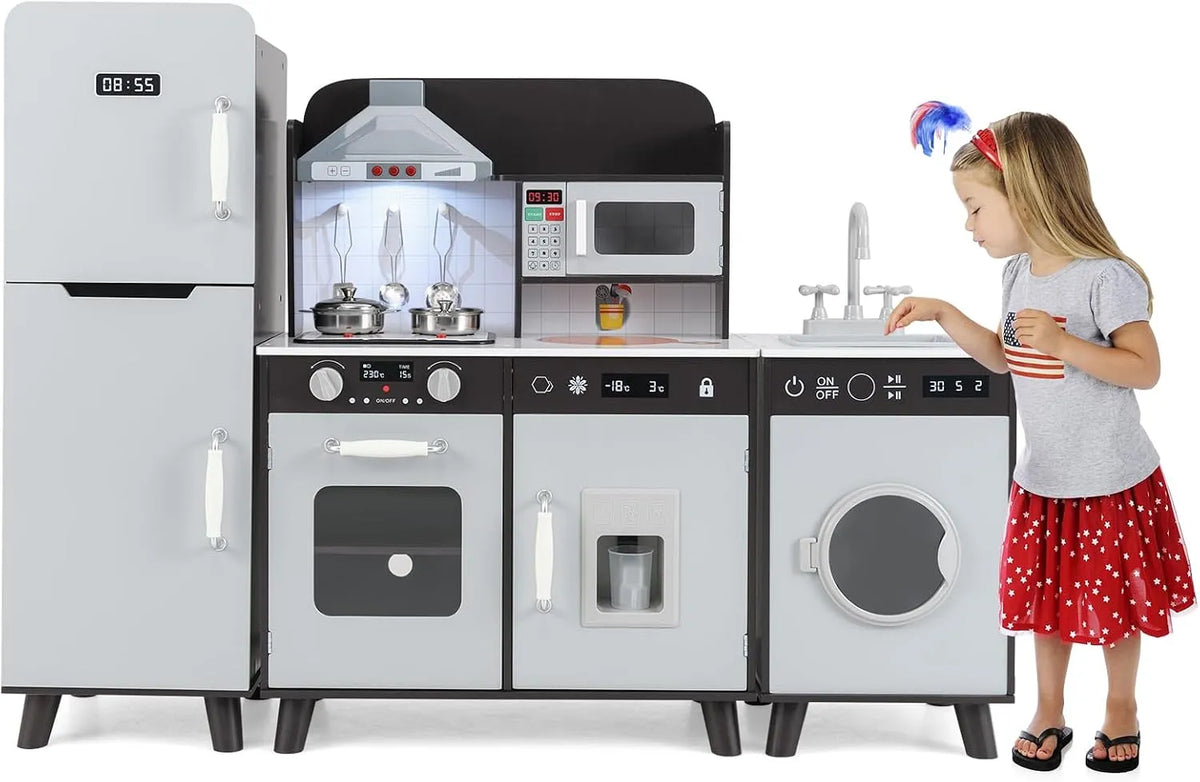 Lave-linge, Jeu de Cuisine pour Garçons Filles de 3 Ans+, COSTWAY 3 en 1 Cuisine Enfant avec Réfrigérateur & Machine à Laver, Micro-Ondes & Machine à