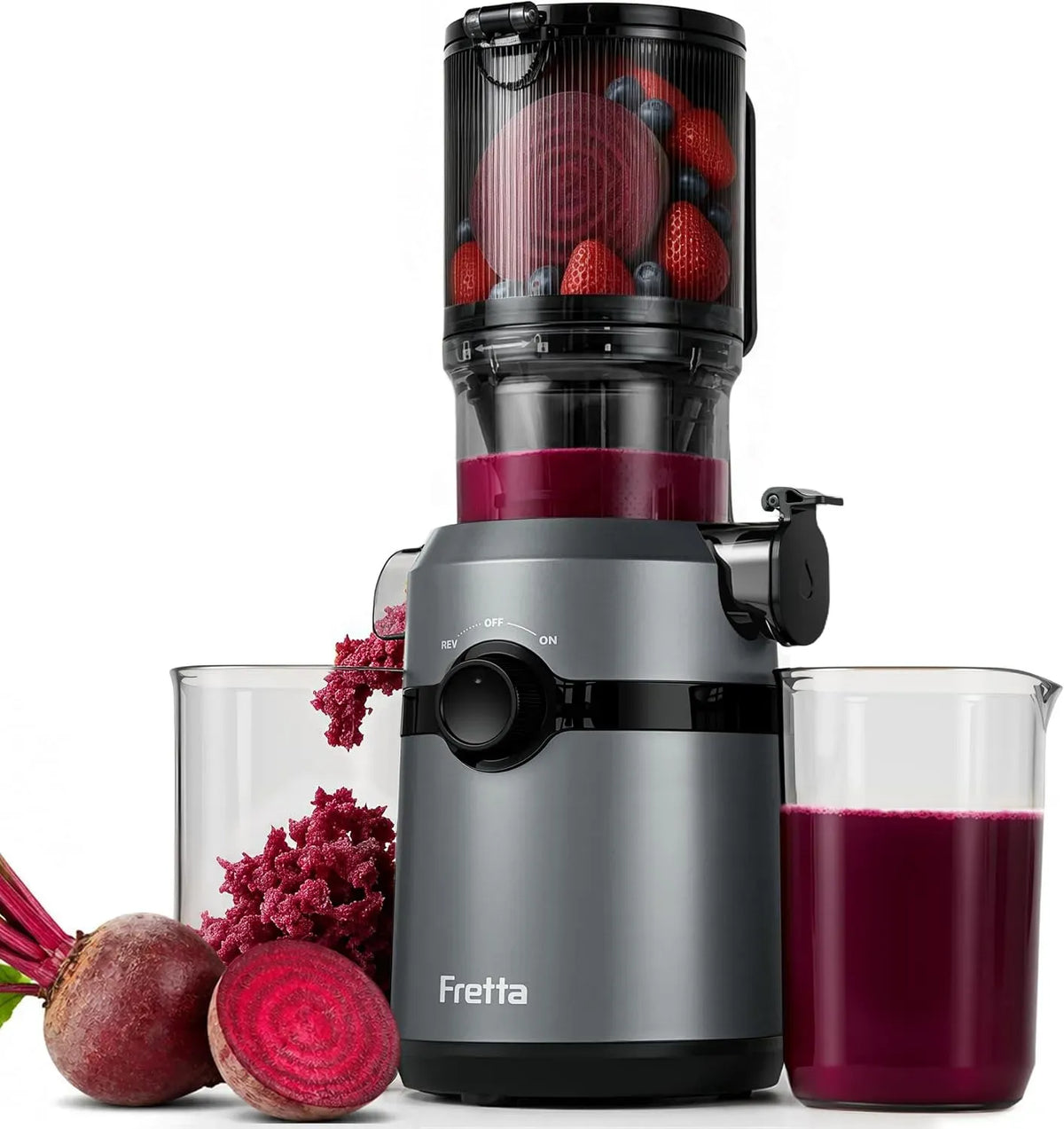 Extracteur de jus, 1 L, 200 W, gris, Grande Ouverture de 108mm Slow Juicer, 1L Capacité, Sans BPA
